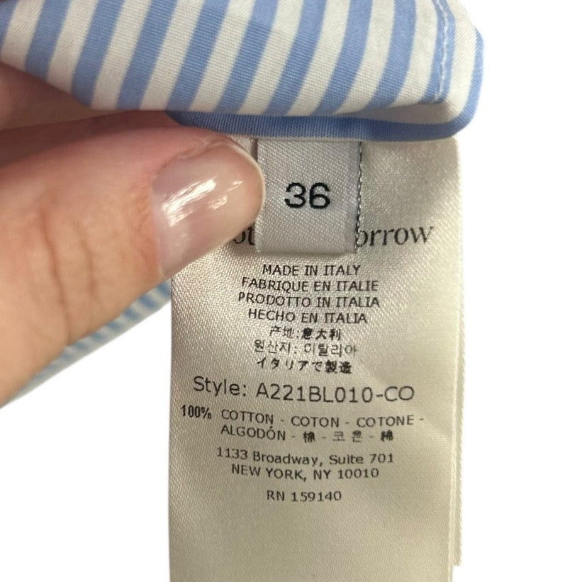 Another Tomorrow Azure Blue White Tie Neck Stripe Poplin Blouse Womens 36 / US 0