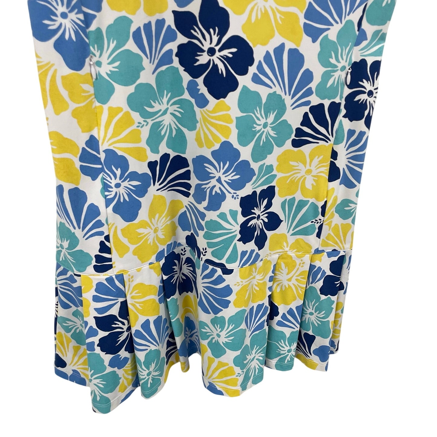 J. McLaughlin Short Sleeve Pleated Tennis Dress Blue Yellow Floral Print Small