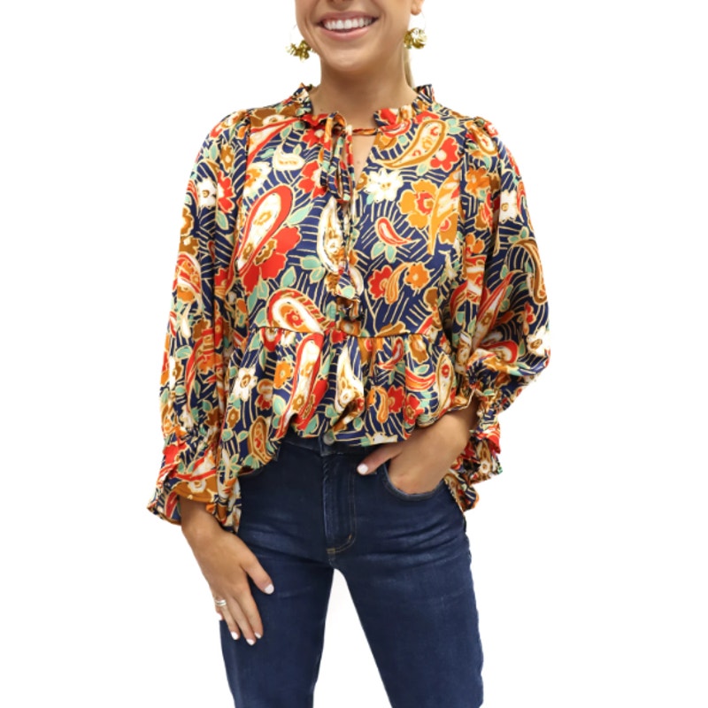 NWT Umgee Multicolor Satin Paisley Ruffle Neck Long Sleeve Top Womens XL