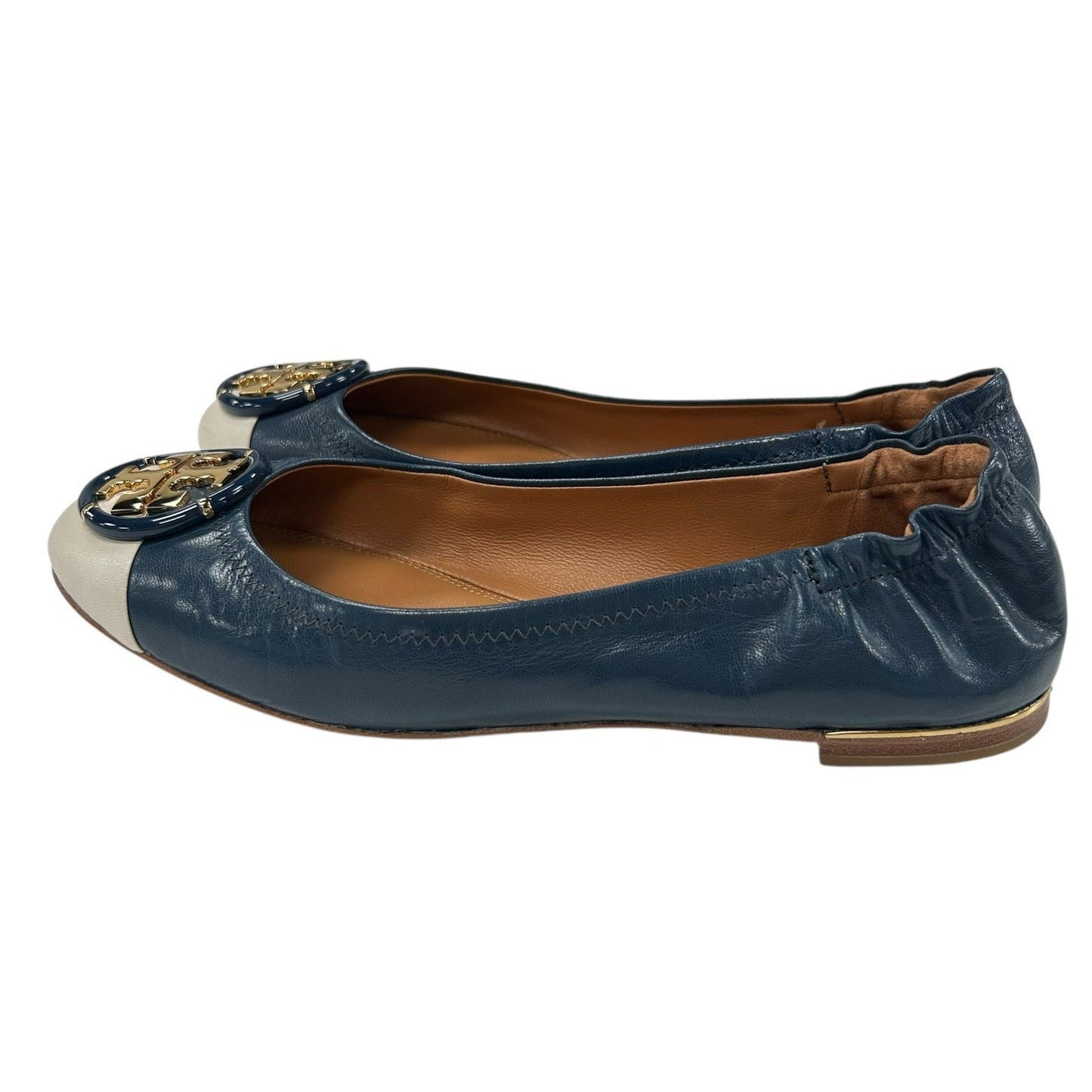 Tory Burch Multi Logo Cap Toe Leather Elastic Round Toe Ballet Flats Womens 7