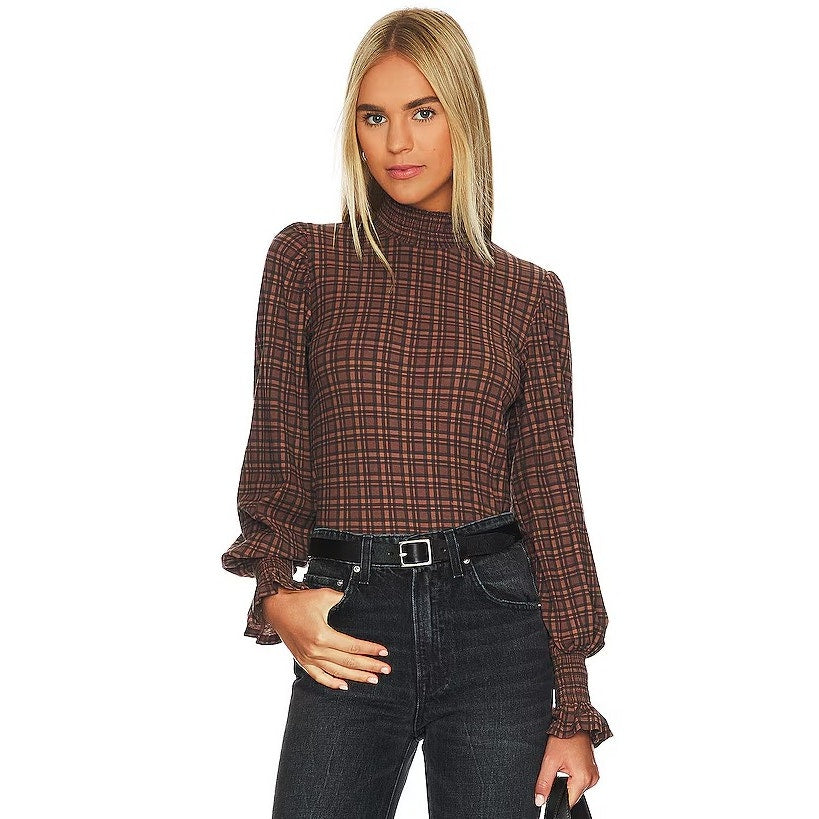 NWT Nation Ltd Violet Prim And Proper Top Brown Black Tartan Plaid Size Small