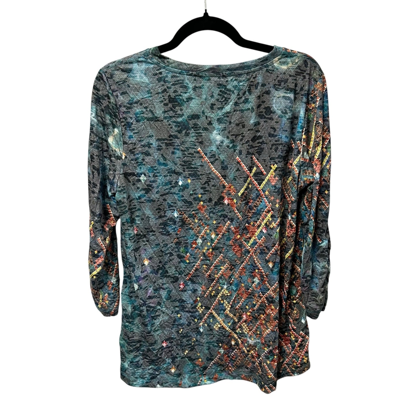 Ali Miles Abstract Crinkle Burnout Knit V Neck 3/4 Sleeve Tunic Top Womens Small