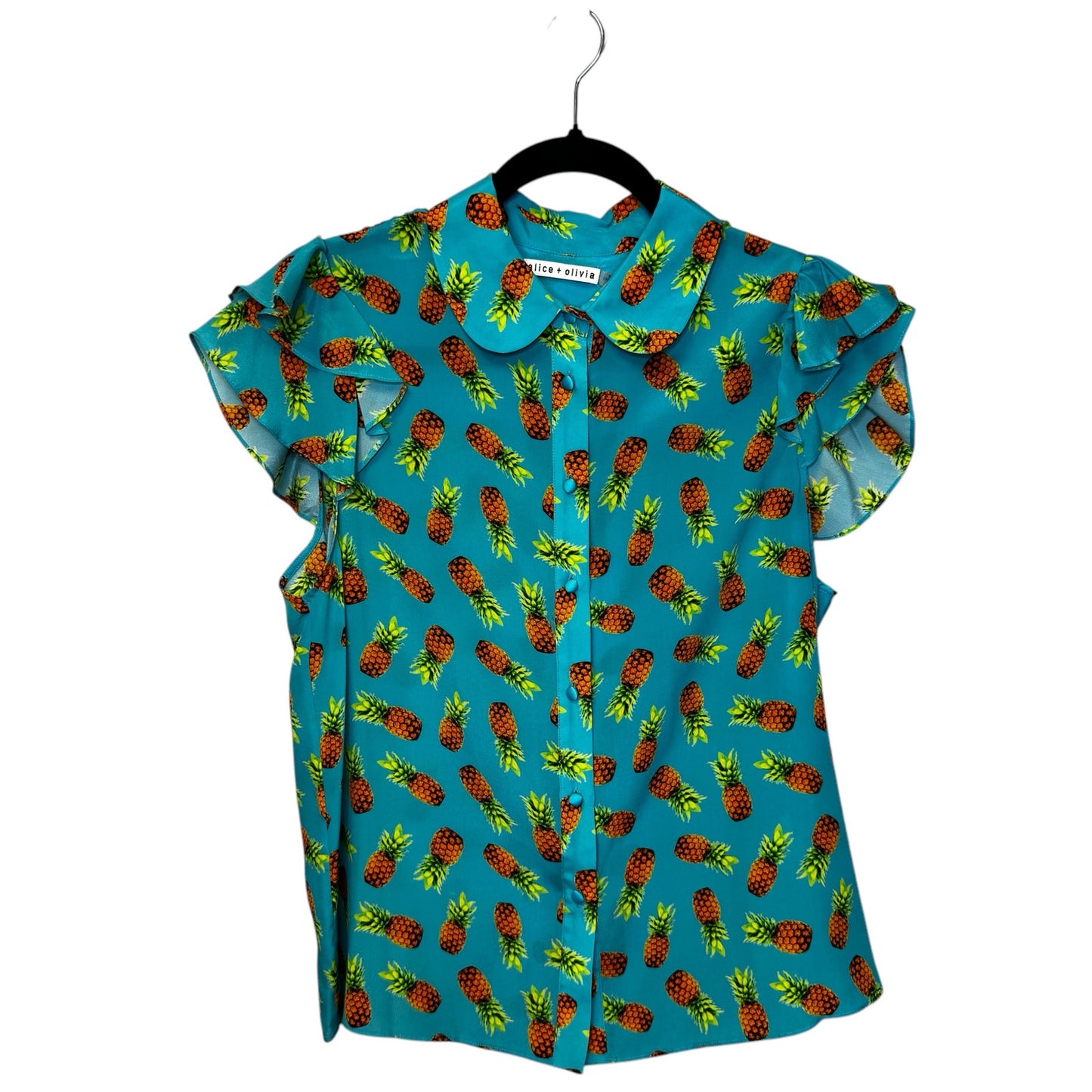 Alice + Olivia Blue Pineapple Print Flutter Sleeve Button Front Top Size Medium