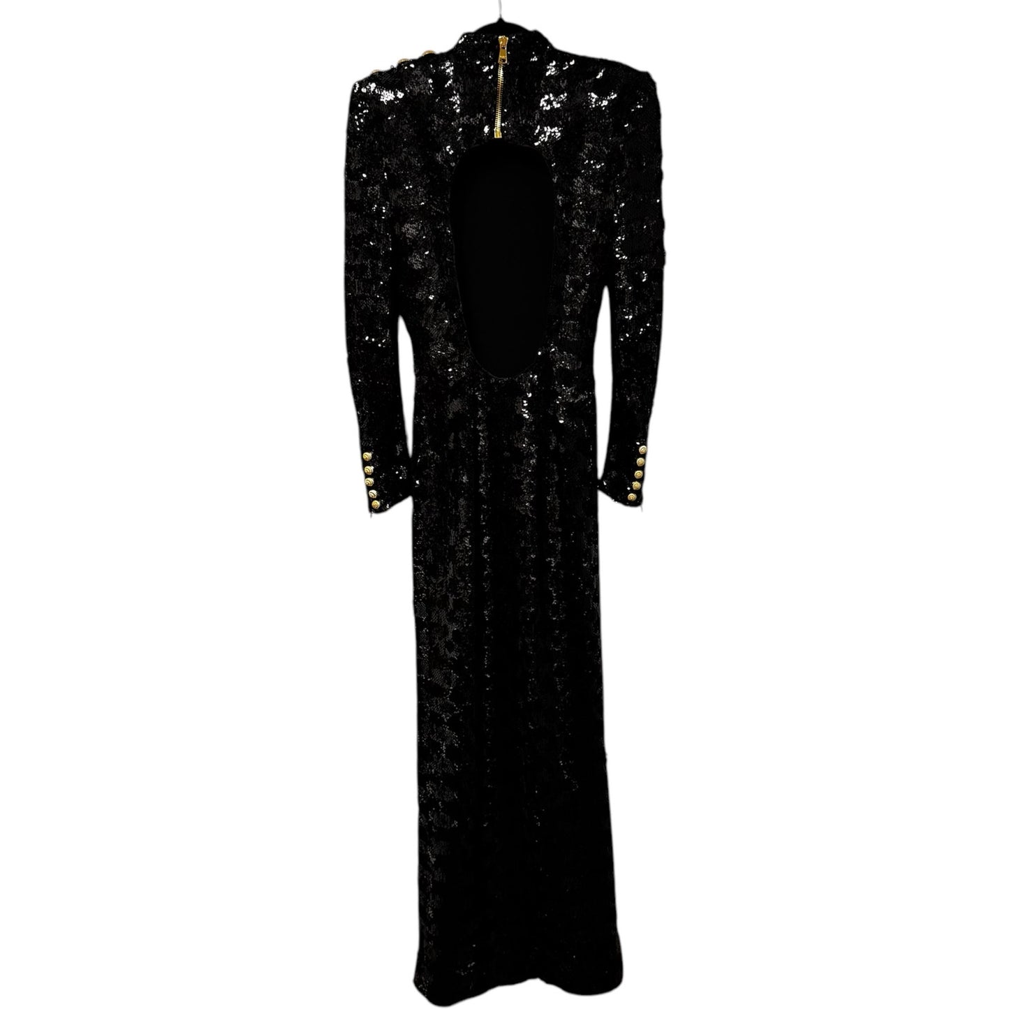 NWT Balmain Black Sequin Gold Button High Collar Fitted Long Maxi Dress Women 36