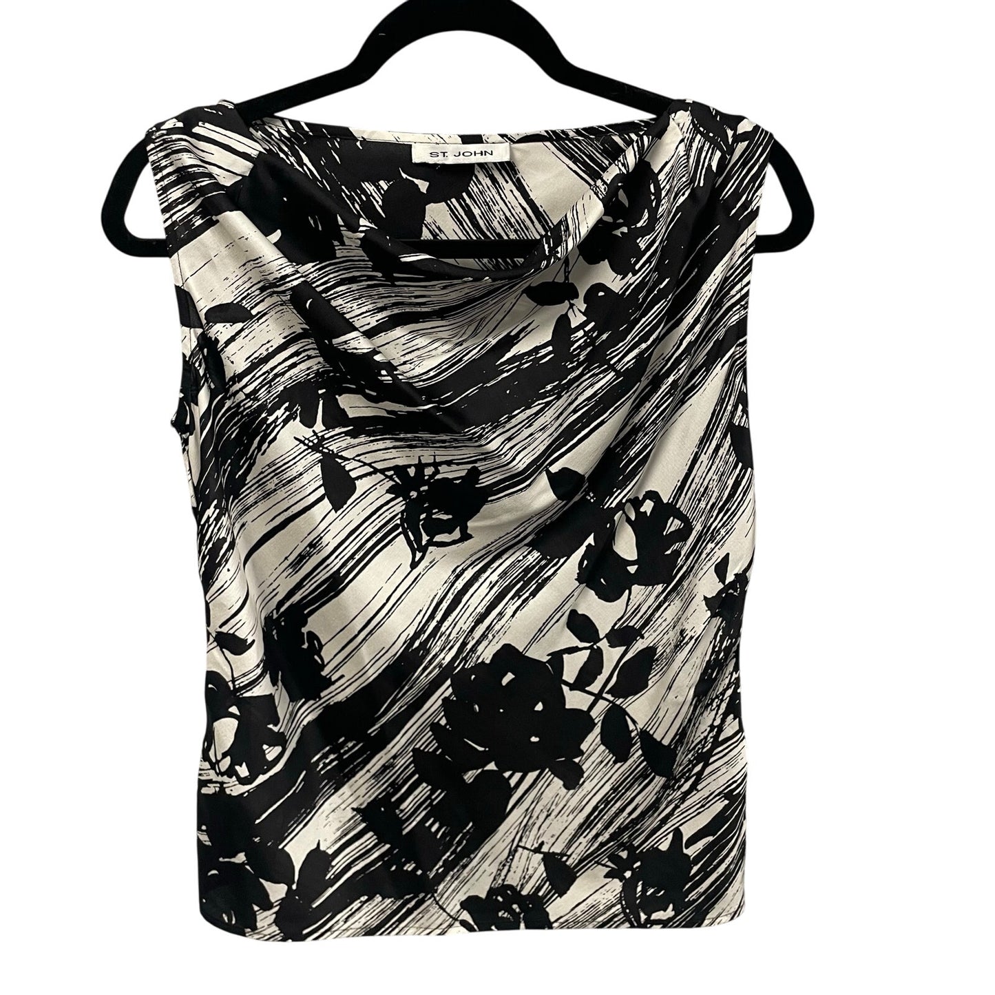 St. John Pure Silk Black White Floral Striped Sleeveless Draped Neck Top Small?