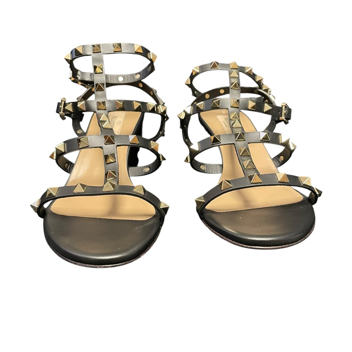 Valentino Garavani Rockstud Block Heel Gladiator Sandals Black Gold 39 / US 9