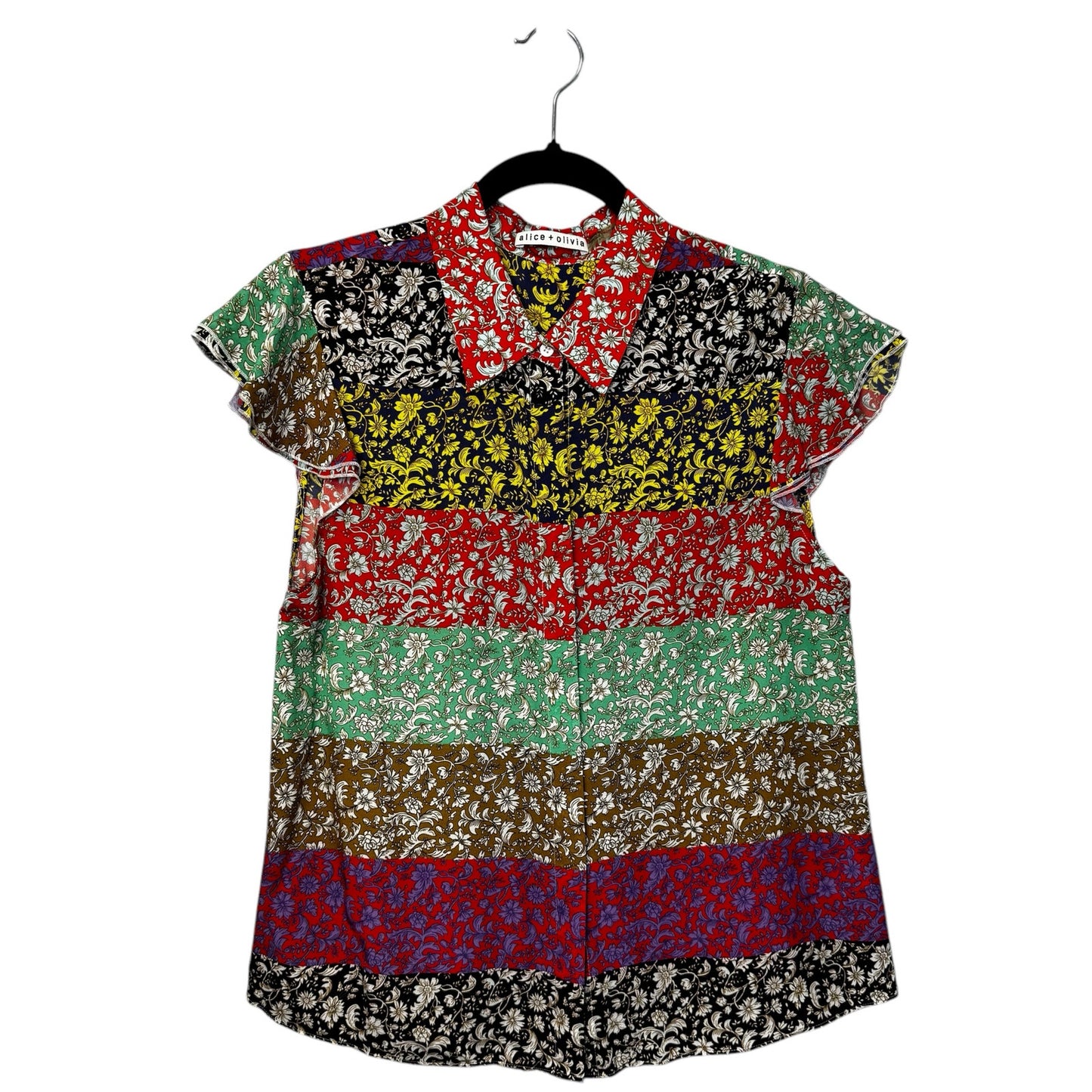 Alice + Olivia Multi Floral Print Flutter Sleeve Button Up Top Womens Large