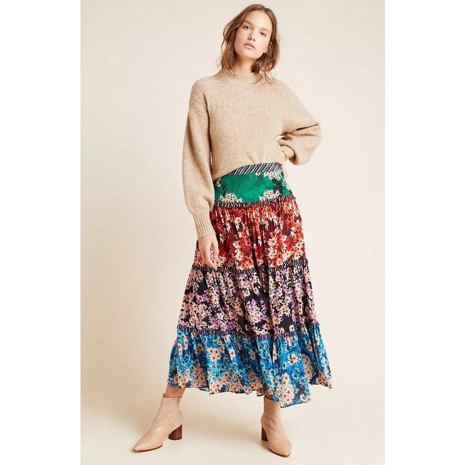 Bhanuni by Jyoti Anarosa Multi Color Floral Print Tiered Maxi Skirt Womens 8