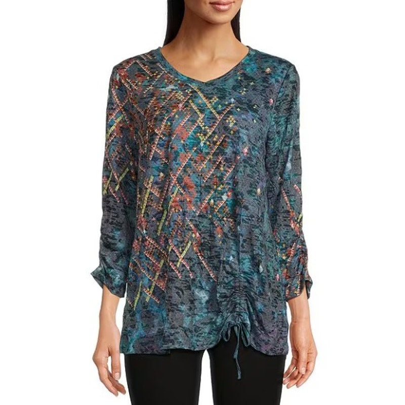 Ali Miles Abstract Crinkle Burnout Knit V Neck 3/4 Sleeve Tunic Top Womens Small