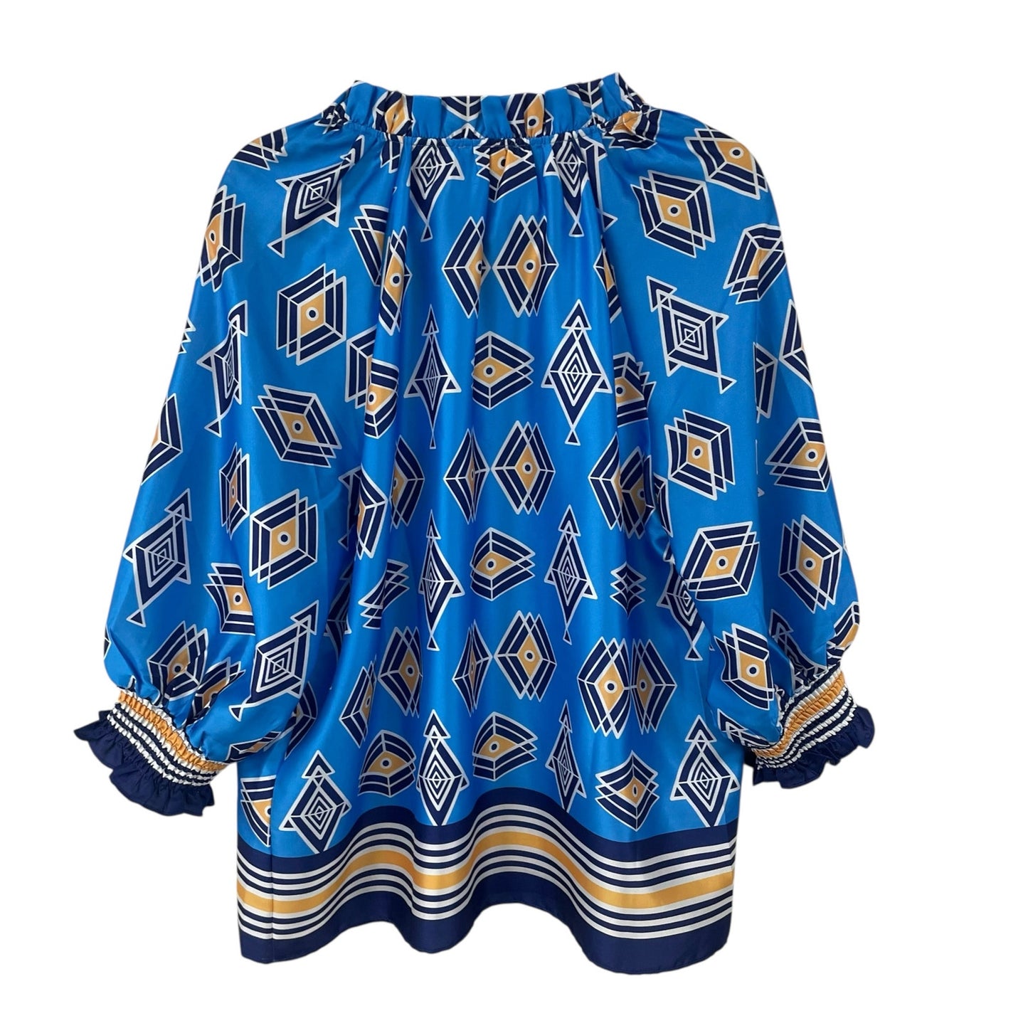 Jade Split Neck Navy Blue Yellow Geometric Print Top Womens Size Large