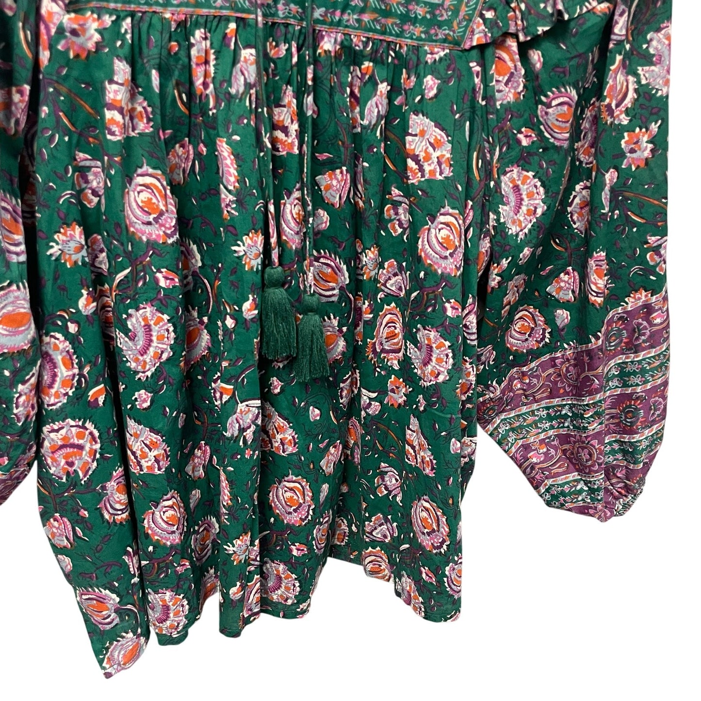Cleobella Puff Sleeve Tie Neck Mylah Blouse In Jade Floral Green Purple Large