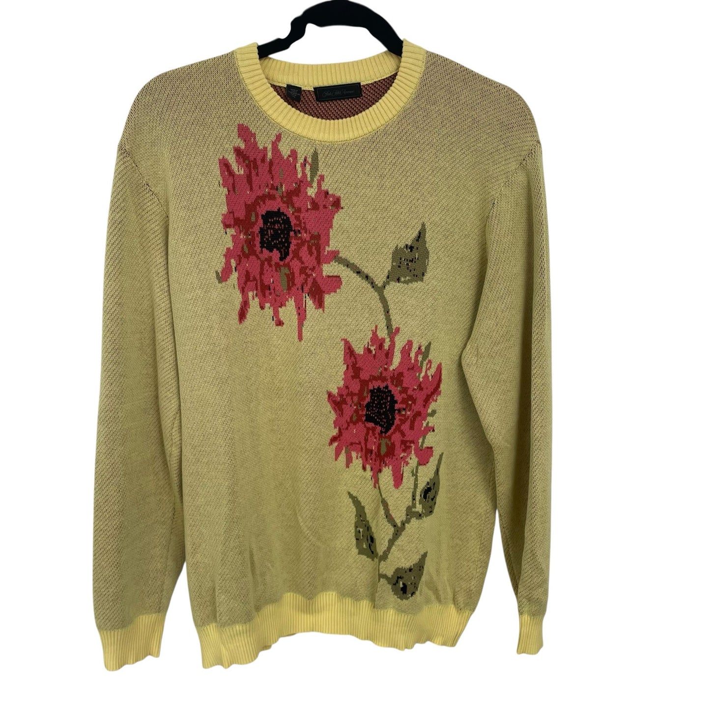 Saks Fifth Avenue Floral Intarsia Sweater Lemonade Yellow and Pink Mens Large