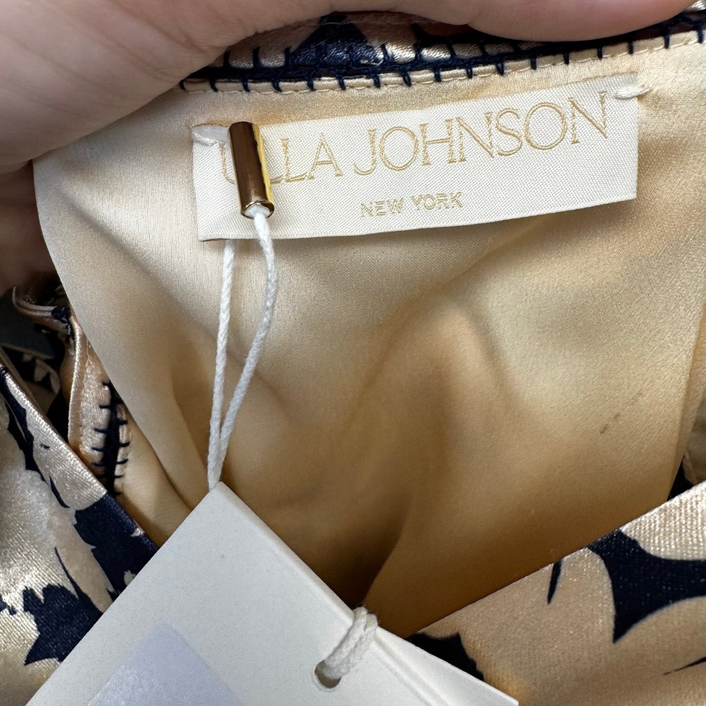 NWT Ulla Johnson Navy Beige Floral Print Sleeveless Evie Satin Dress Womens 0