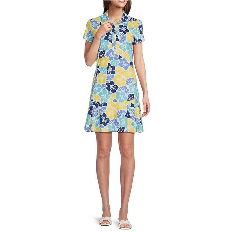 J. McLaughlin Short Sleeve Pleated Tennis Dress Blue Yellow Floral Print Small