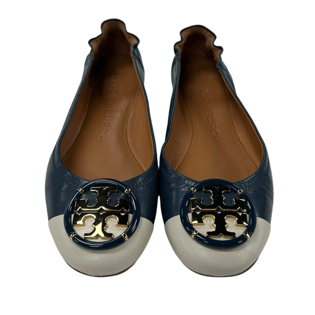 Tory Burch Multi Logo Cap Toe Leather Elastic Round Toe Ballet Flats Womens 7