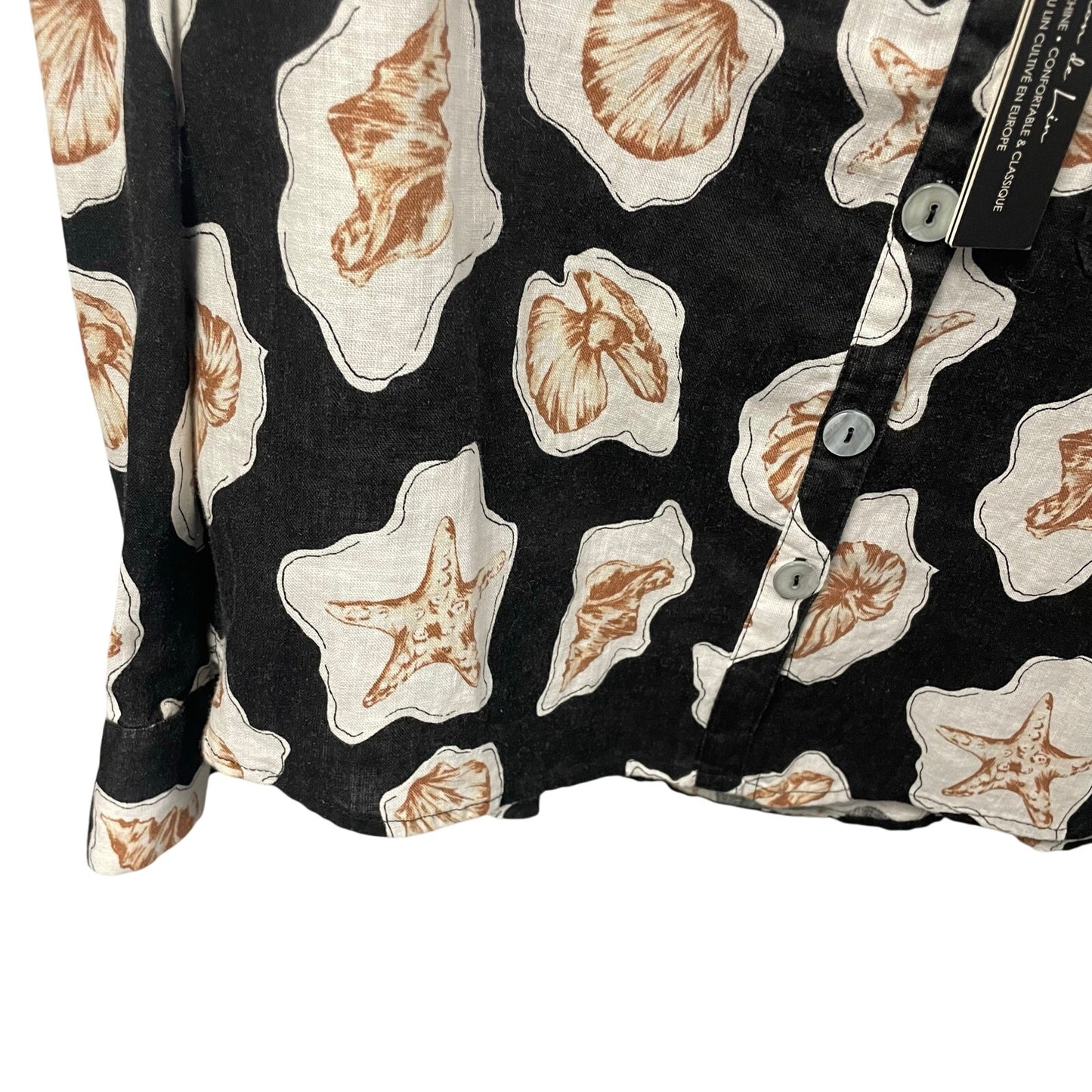 NWT Nicole Miller 100% Linen Long Sleeve Button Up Seashell Print Black Medium