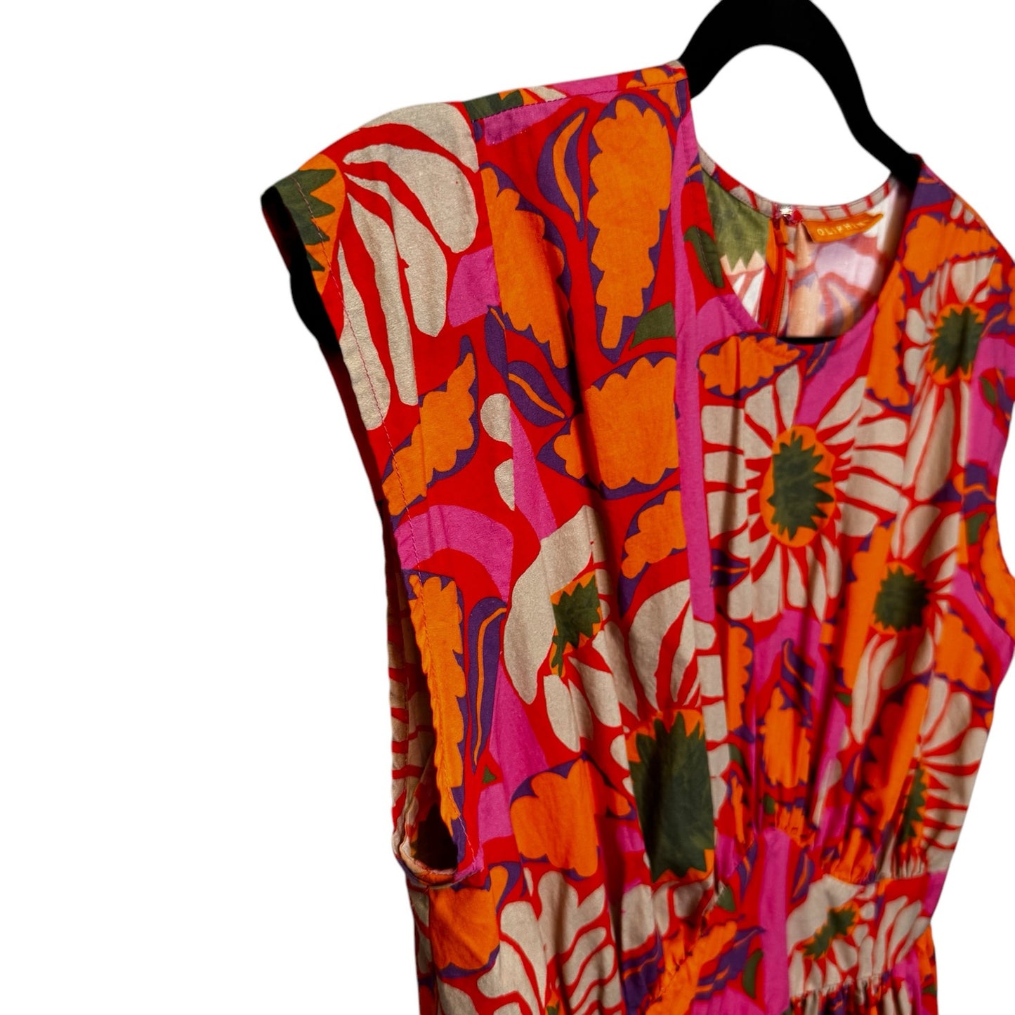 Oliphant Pink Floral Cap Sleeve Crewneck Pleated Cotton Midi Dress Womens Medium