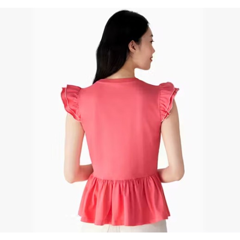 Kate Spade New York Pink Ruffle Sleeve Crewneck Cotton Peplum Tee Womens Medium