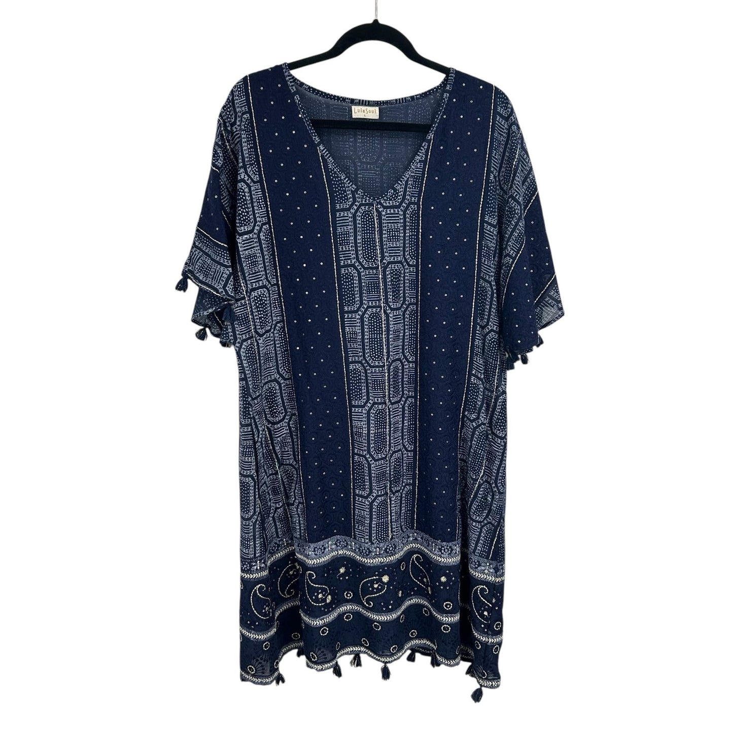 LulaSoul Navy White Printed Short Sleeve Tassel Knee Length Dress Womens Large