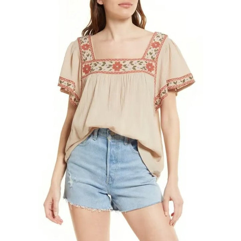 Madewell Tan Pink Floral Embroidered Short Sleeve Square Neck Top Womens Medium
