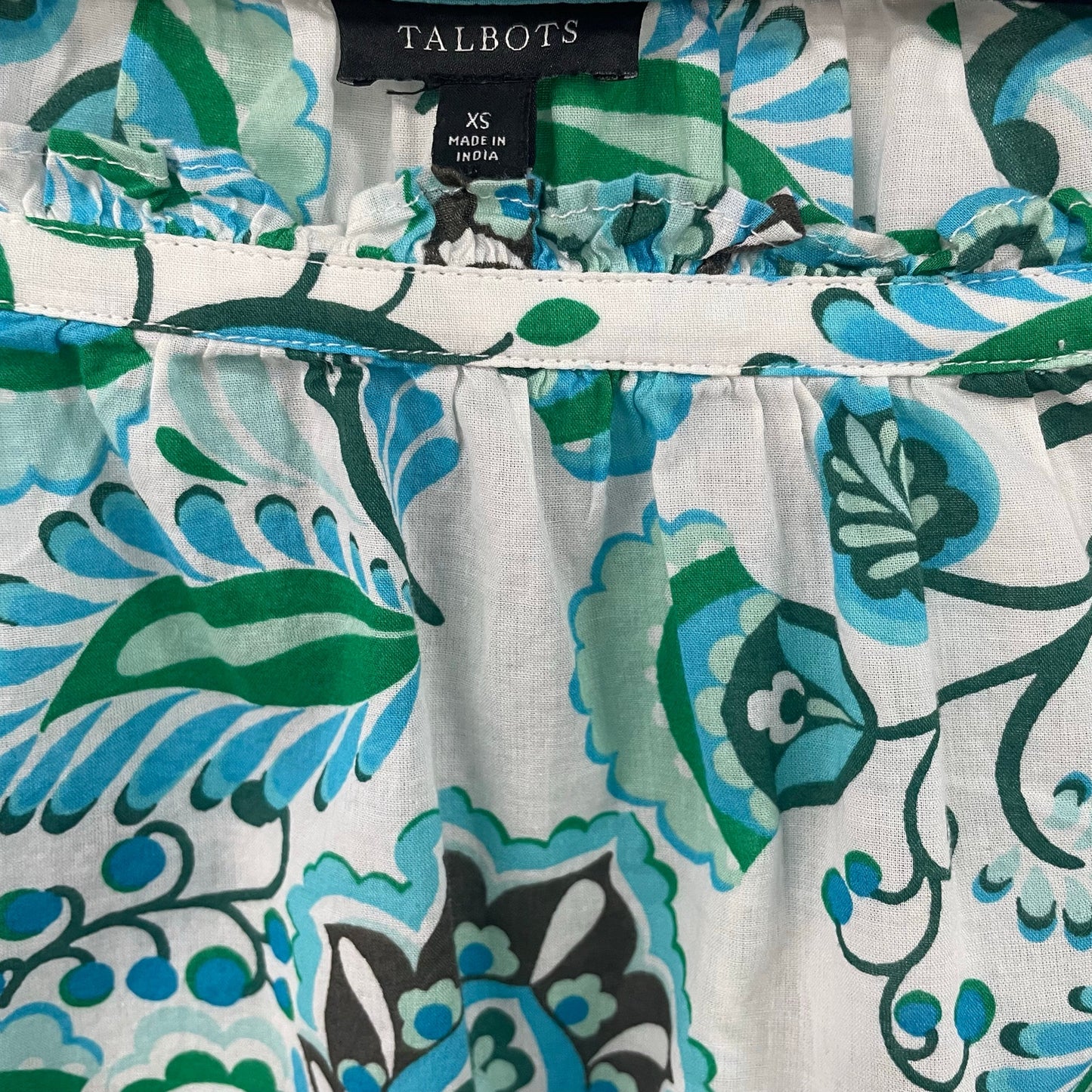 Talbots Short Sleeve Square Neck Blue Green Floral Print Top Womens Size XS