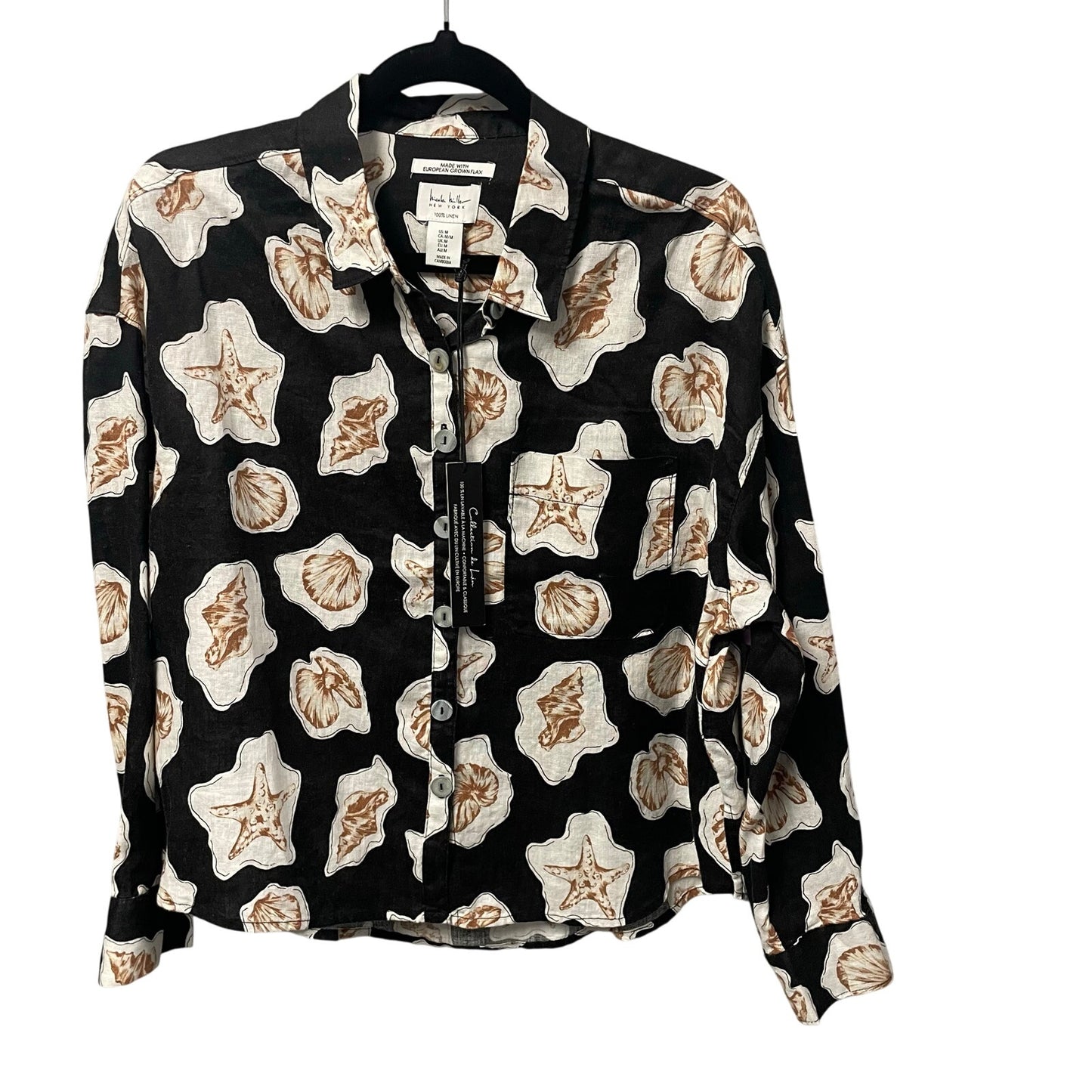 NWT Nicole Miller 100% Linen Long Sleeve Button Up Seashell Print Black Medium