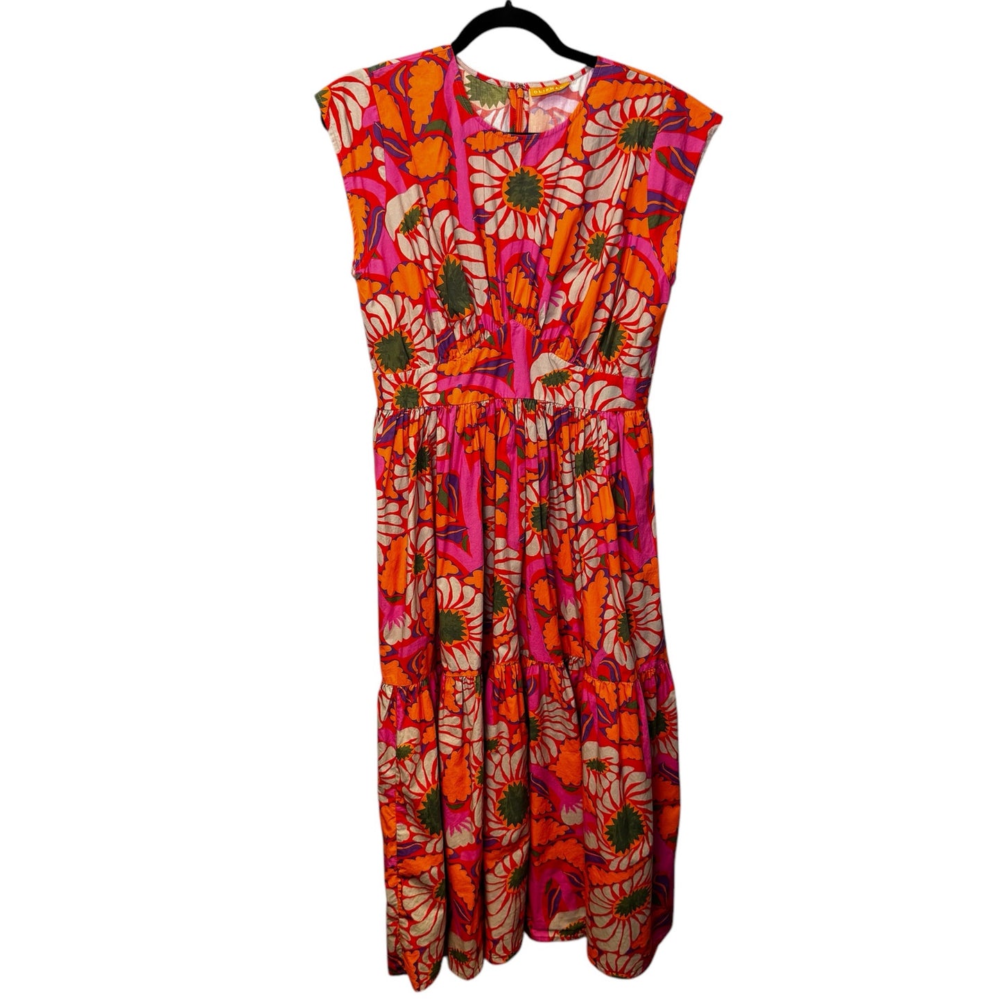 Oliphant Pink Floral Cap Sleeve Crewneck Pleated Cotton Midi Dress Womens Medium