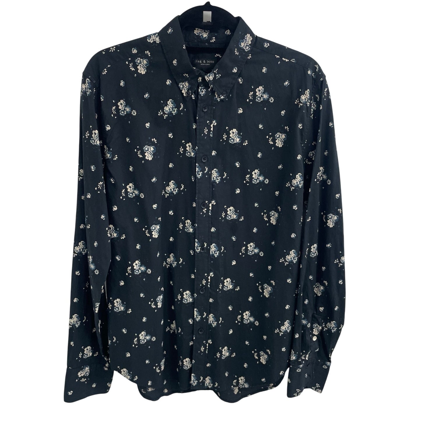 Rag & Bone Fit 2 Tomlin Button Down Shirt Black Ivory Blue Floral Mens Medium