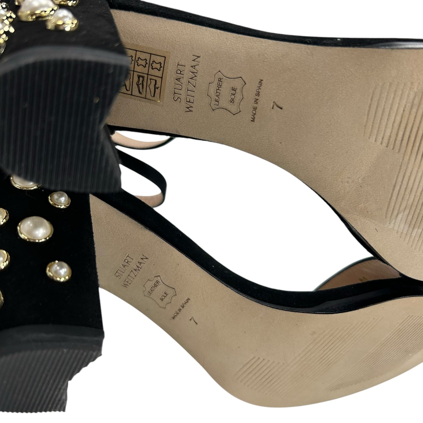 Stuart Weitzman Black Morepearls Studded Suede Ankle Strap Sandals Womens 7