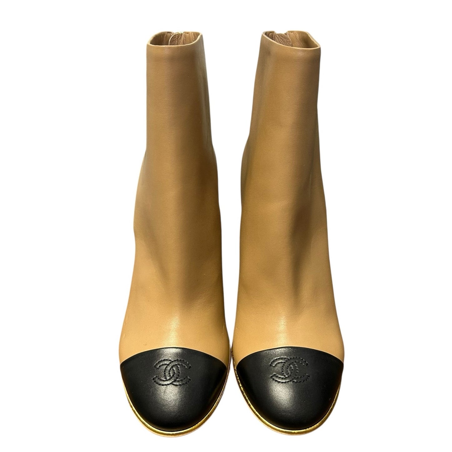 Chanel Tan Black Two Tone Interlocking CC Logo Wedge Boots Womens 39.5 / US 9.5