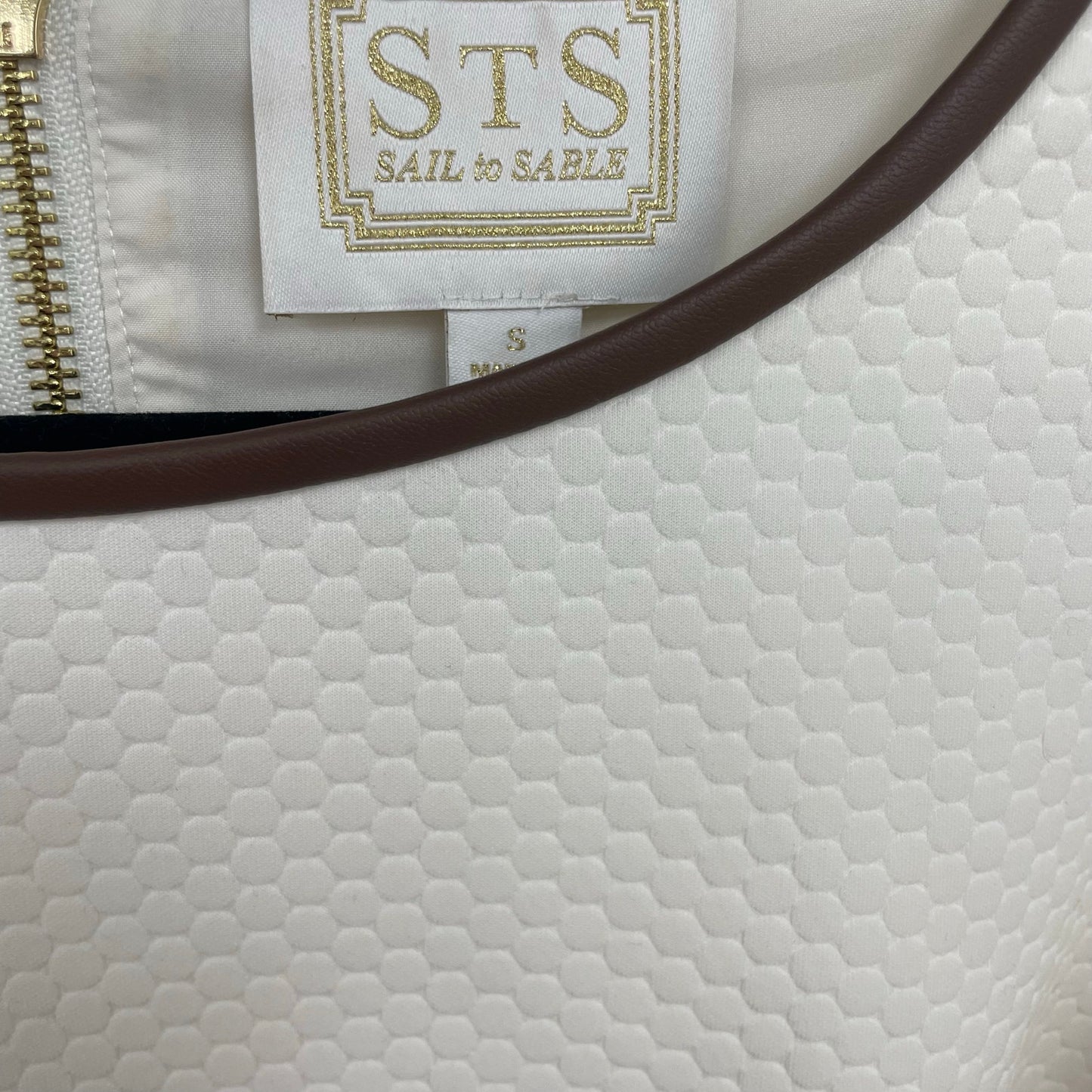 Sail to Sable Ivory Quilted Bell Sleeve Top Brown Faux Leather Trim Size Small