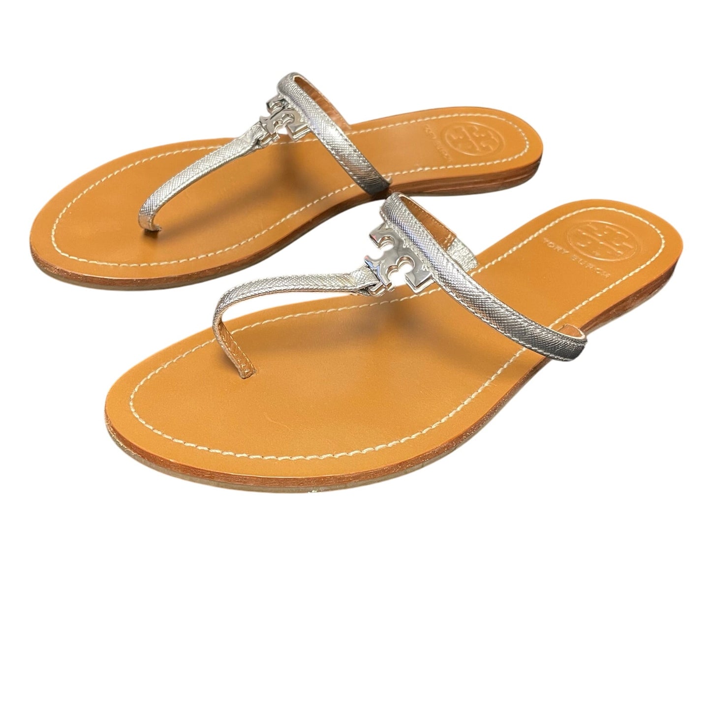 Tory Burch Metallic Silver T Logo T Strap Leather Sandals Womens 7.5