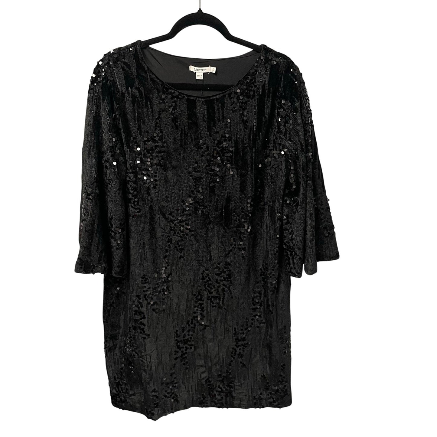 NWT Chico’s Bell Sleeve Black Sequin Velour Short Dress Womens Large