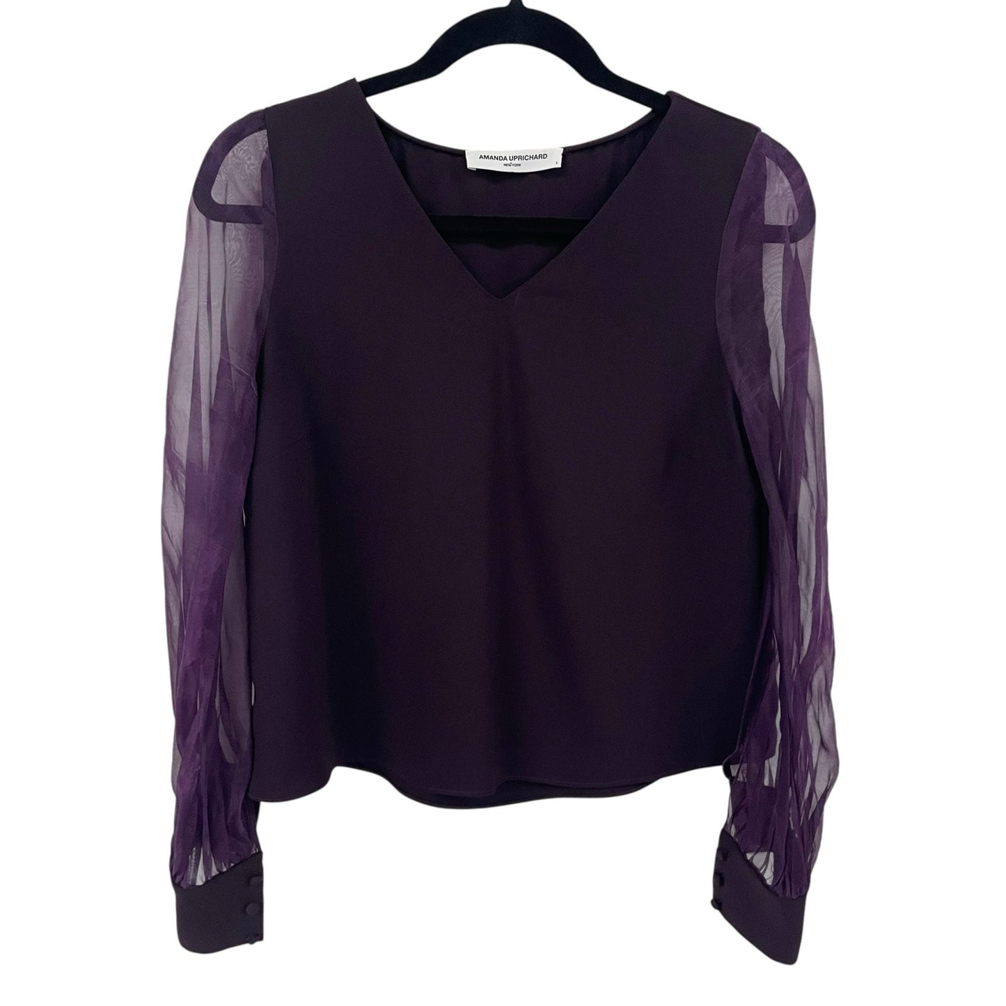 Amanda Uprichard Silk Sheer Sleeve Dark Purple Blouse Womens Size Small