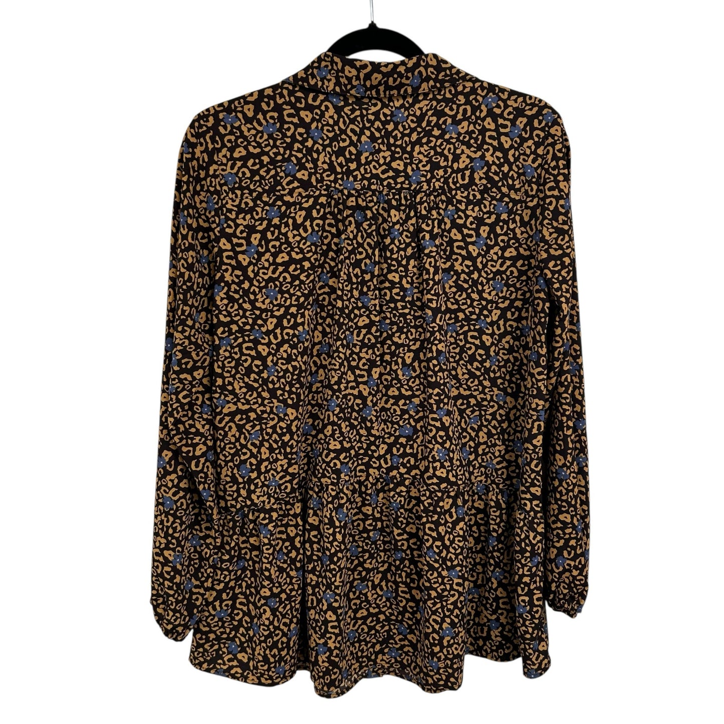 Logo Lori Goldstein Brown Blue Floral Animal Print Tiered Button Up Top XS