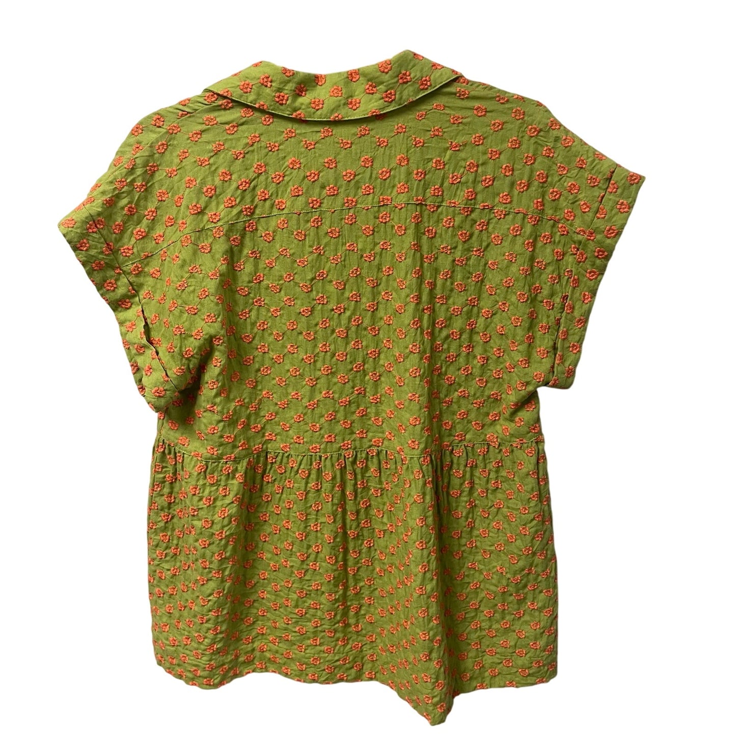 Ivy Jane Ginger Floral Embroidered Short Sleeve Button Up Green Coral Womens XS