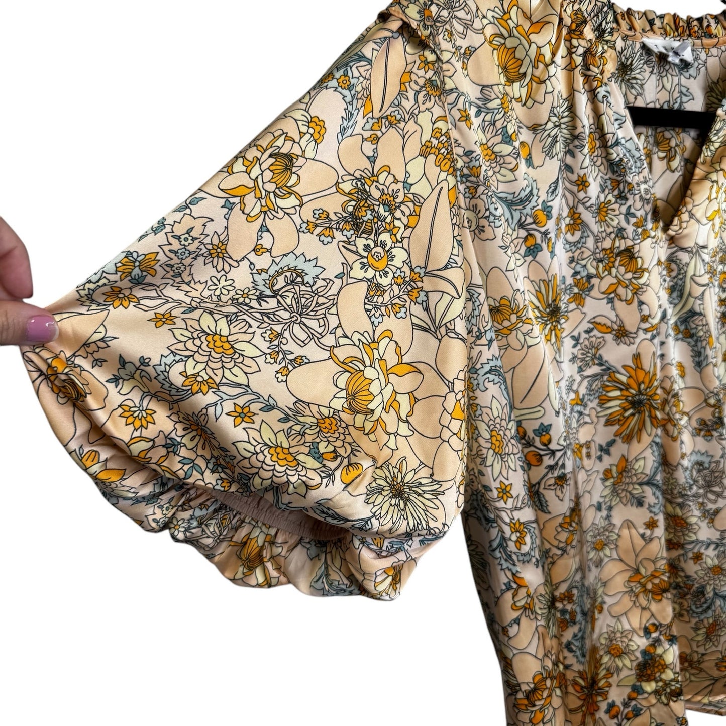 THML Yellow Floral Print Short Puff Sleeve V Neck Blouse Top Womens Large