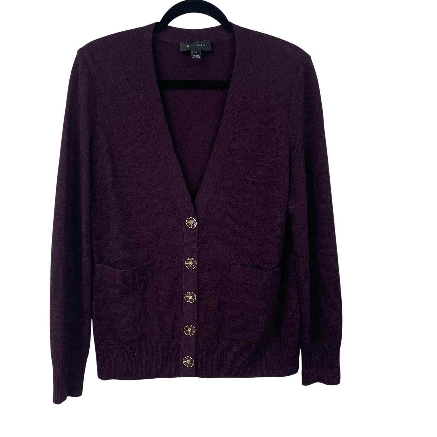 St. John Burgundy Purple Santana Knit Flower Button Up Cardigan Sweater Medium