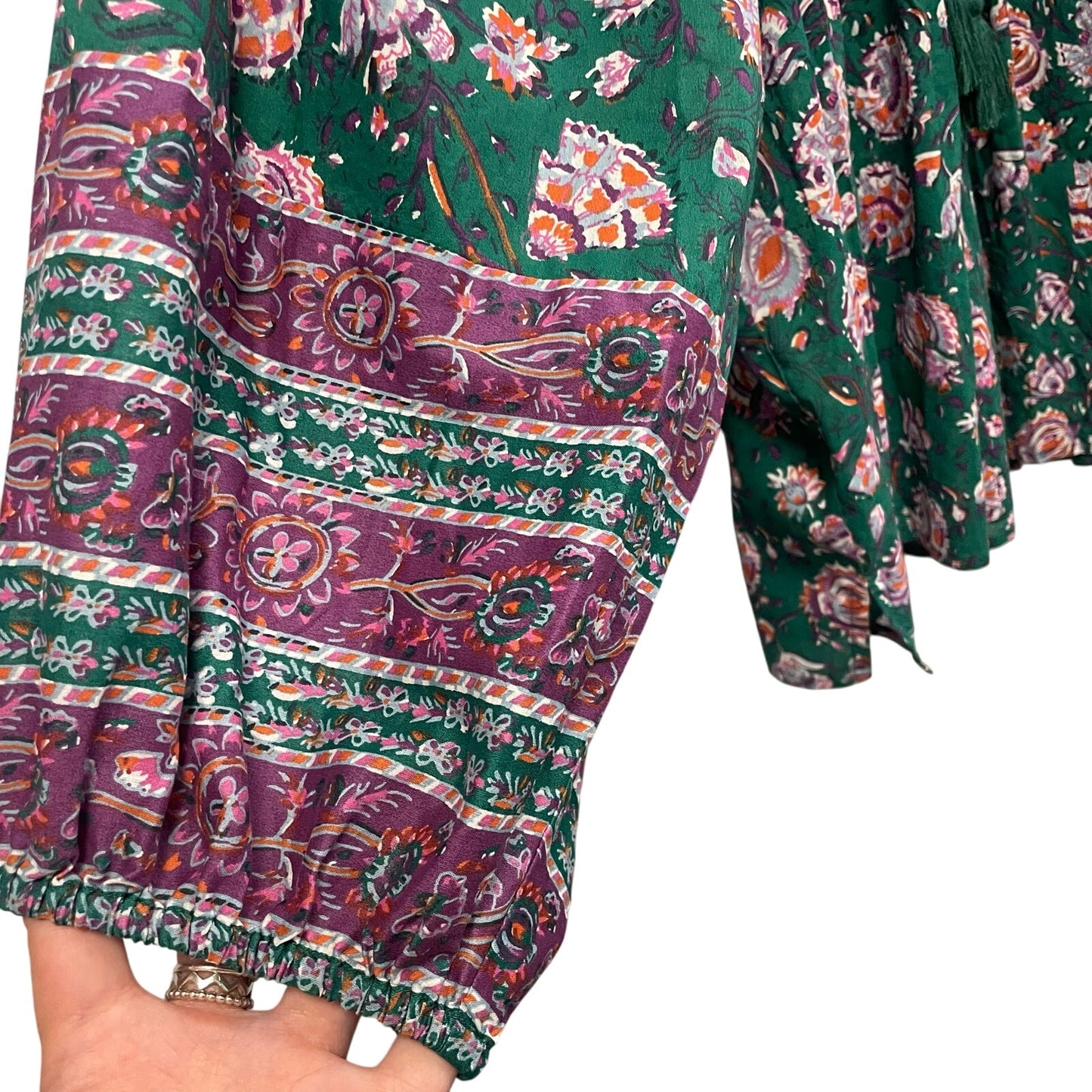 Cleobella Puff Sleeve Tie Neck Mylah Blouse In Jade Floral Green Purple Large