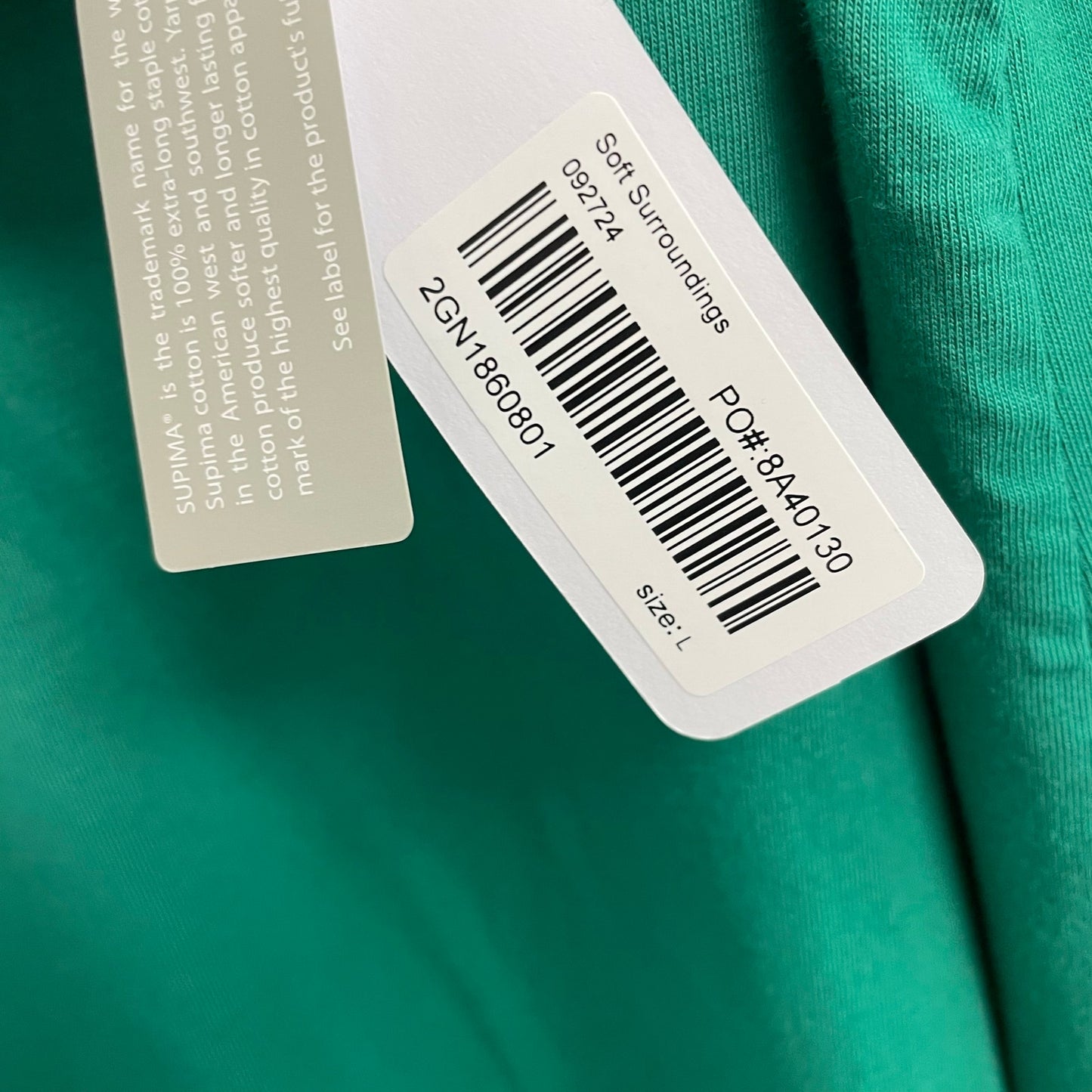 NWT Soft Surroundings Cotton Blend Long Sleeve V Neck T Shirt Green Womens Large