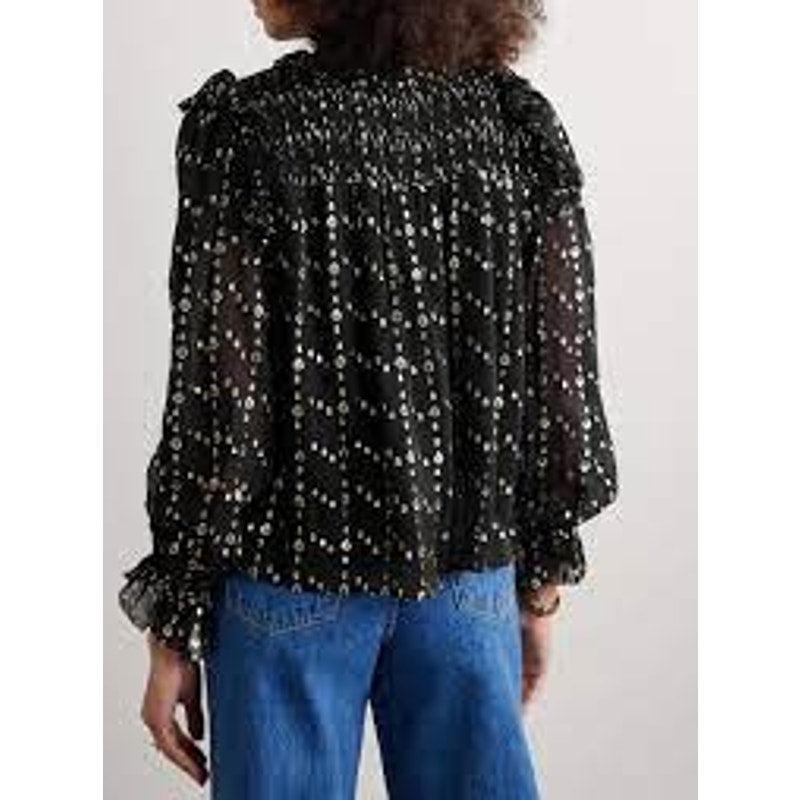 NWT Ulla Johnson Black Gold Cosmo Print Long Sleeve Mock Neck Mila Silk Blouse 2