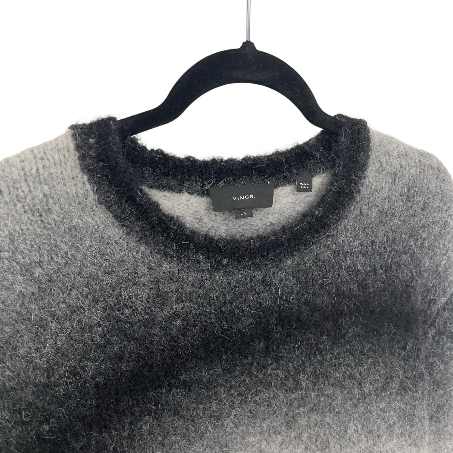 Vince Alpaca Shag Knit Black White Gray Ombré Crewneck Sweater Mens Size Large