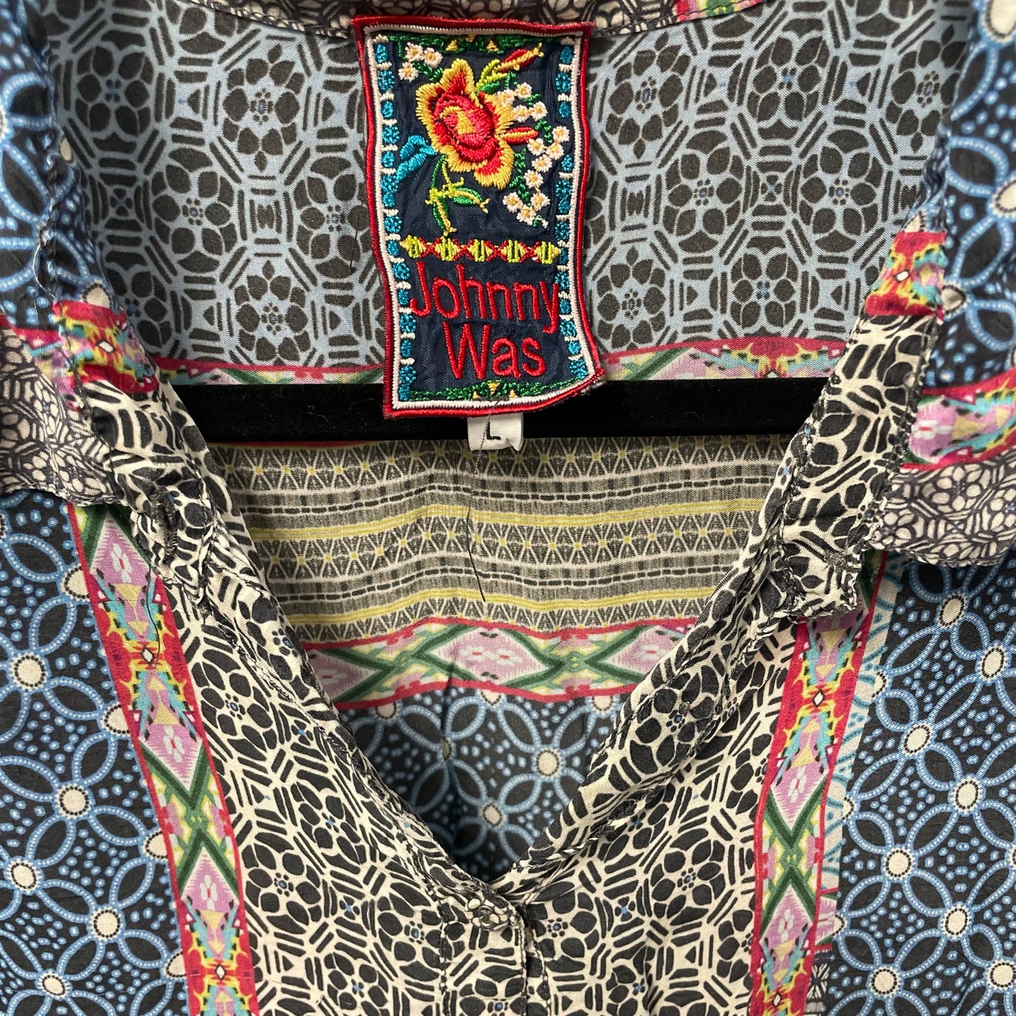 Johnny Was Blue Multicolor Floral Geometric Print Longline Shirt Womens Large