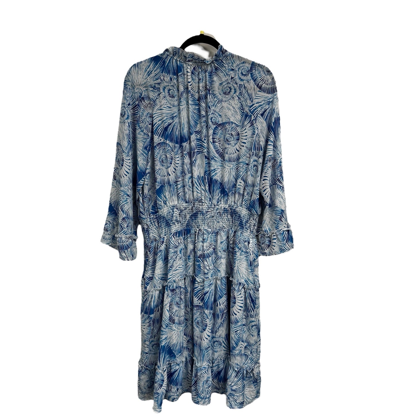 Chico’s Blue White Print Long Sleeve V Neck Blouson Midi Dress Womens 12