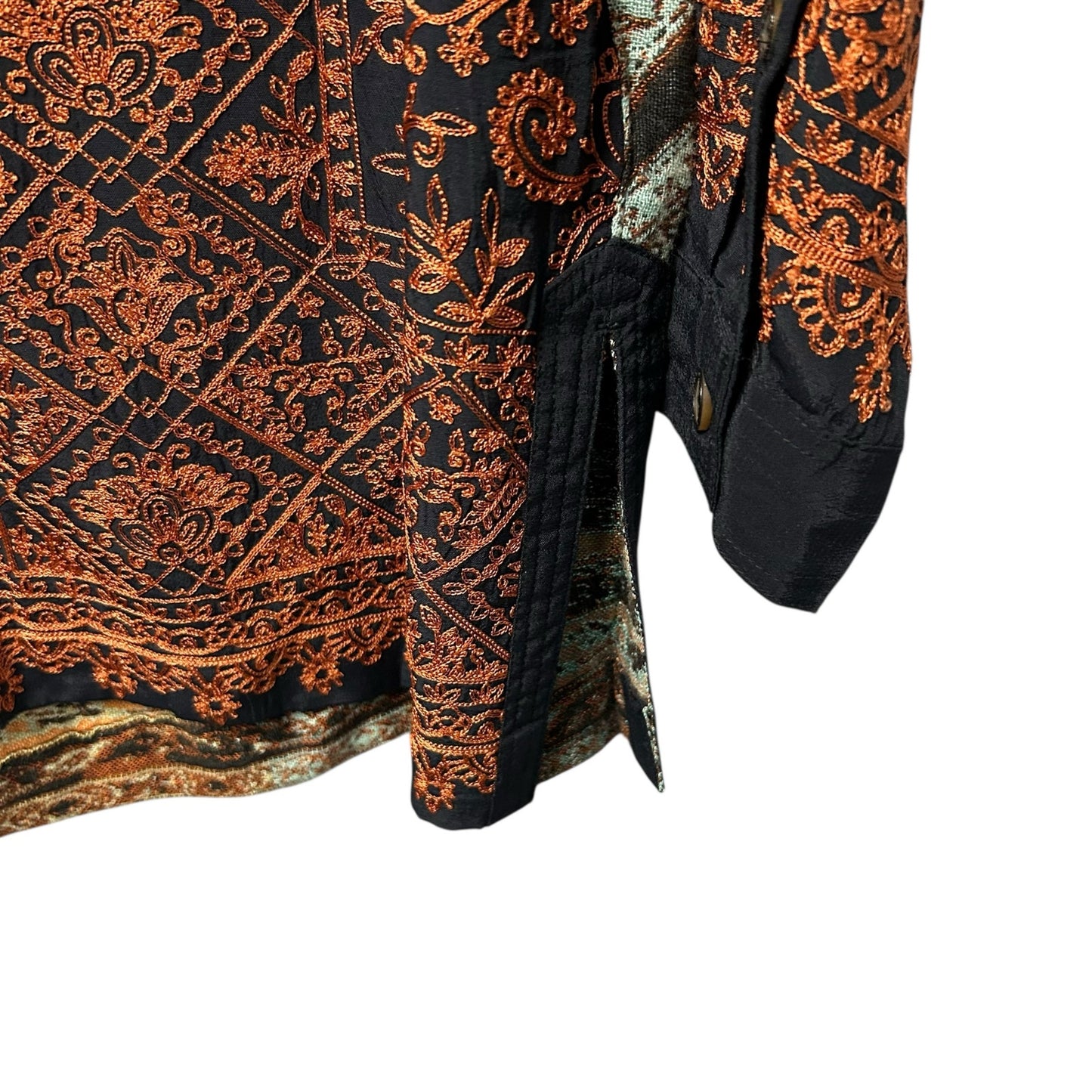 John Mark Orange Navy Floral Embroidered Long Sleeve Button Up Top Womens Small