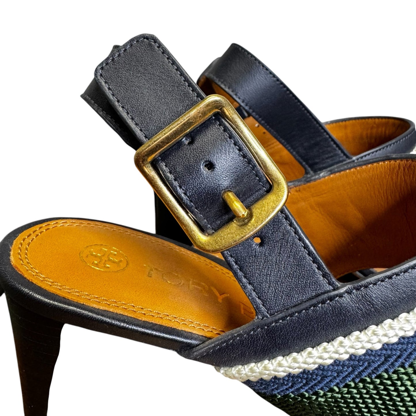 Tory Burch Navy Green White Jessa Slingback Block Heel Sandals Womens 8.5