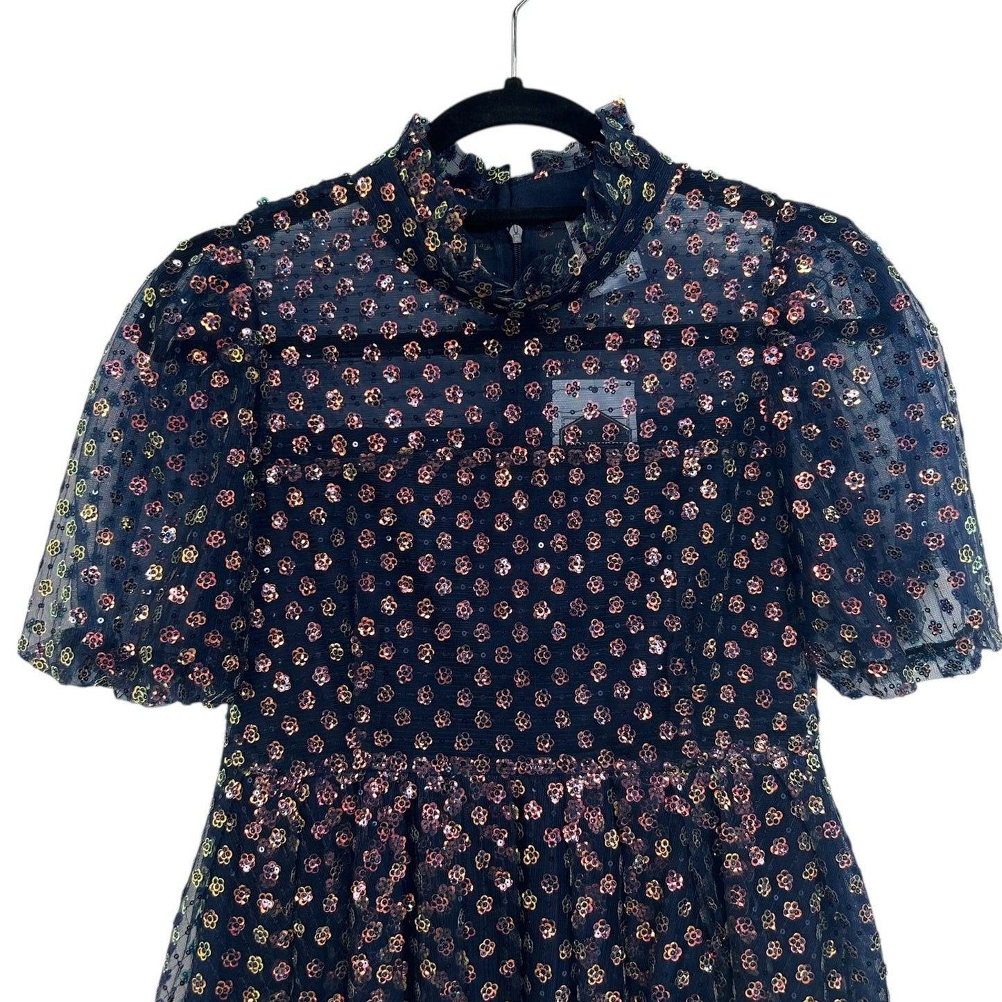 NWT Queen of Sparkles Navy Sequin Flower Short Sleeve Mini Dress Womens Small