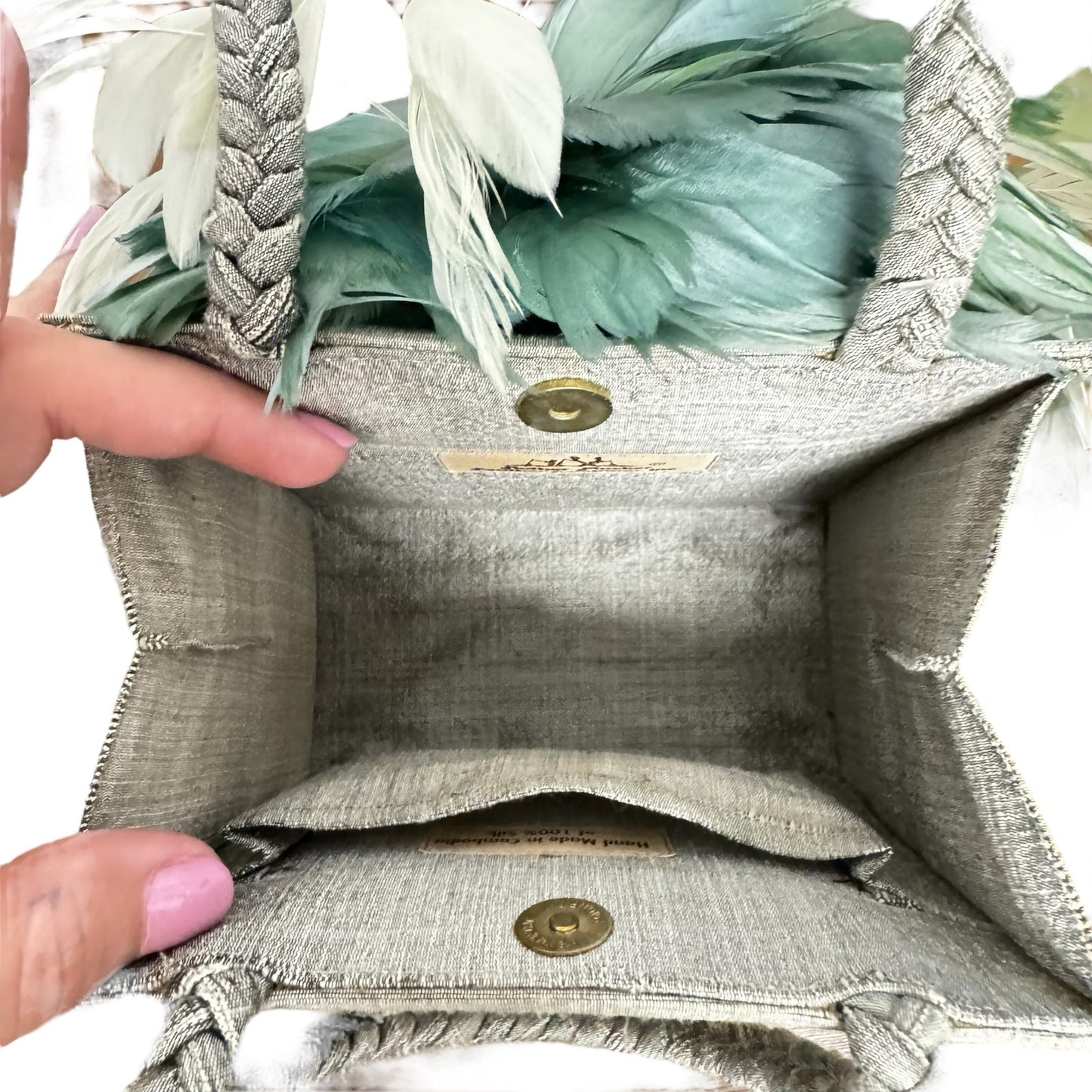 NWT Mother Plucker Feather Company Khaki Sage Green Feather Silk Top Handle Bag