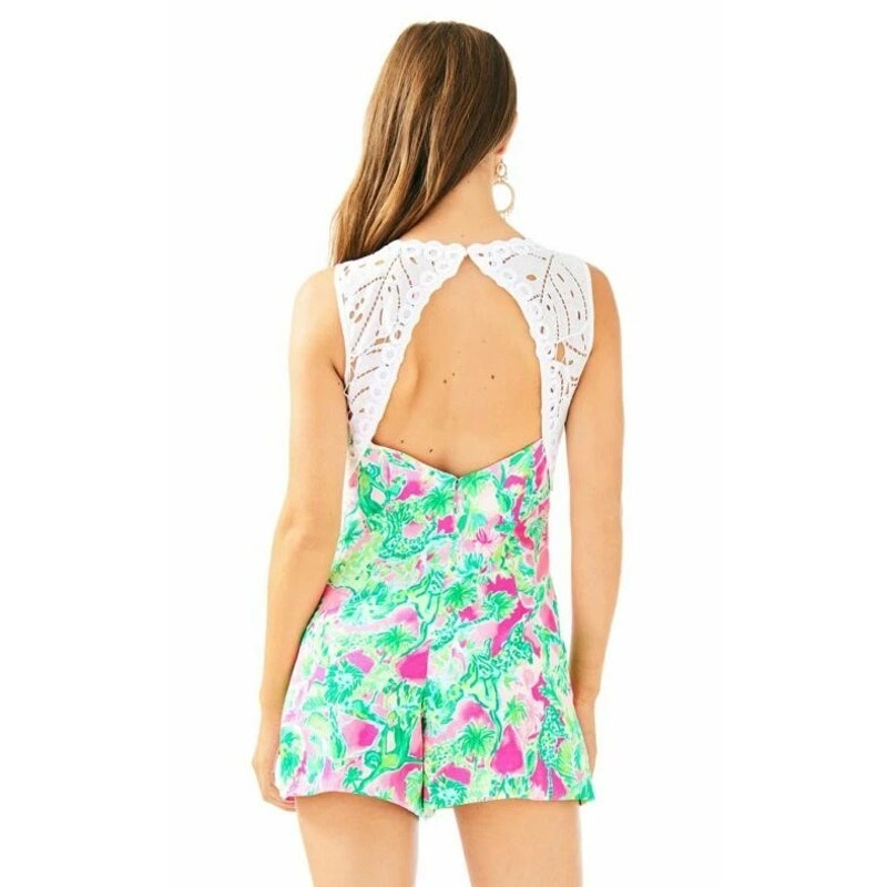 Lilly Pulitzer White Eyelet Pink Green Raz Berry Catty Shack Sadie Romper Size 4