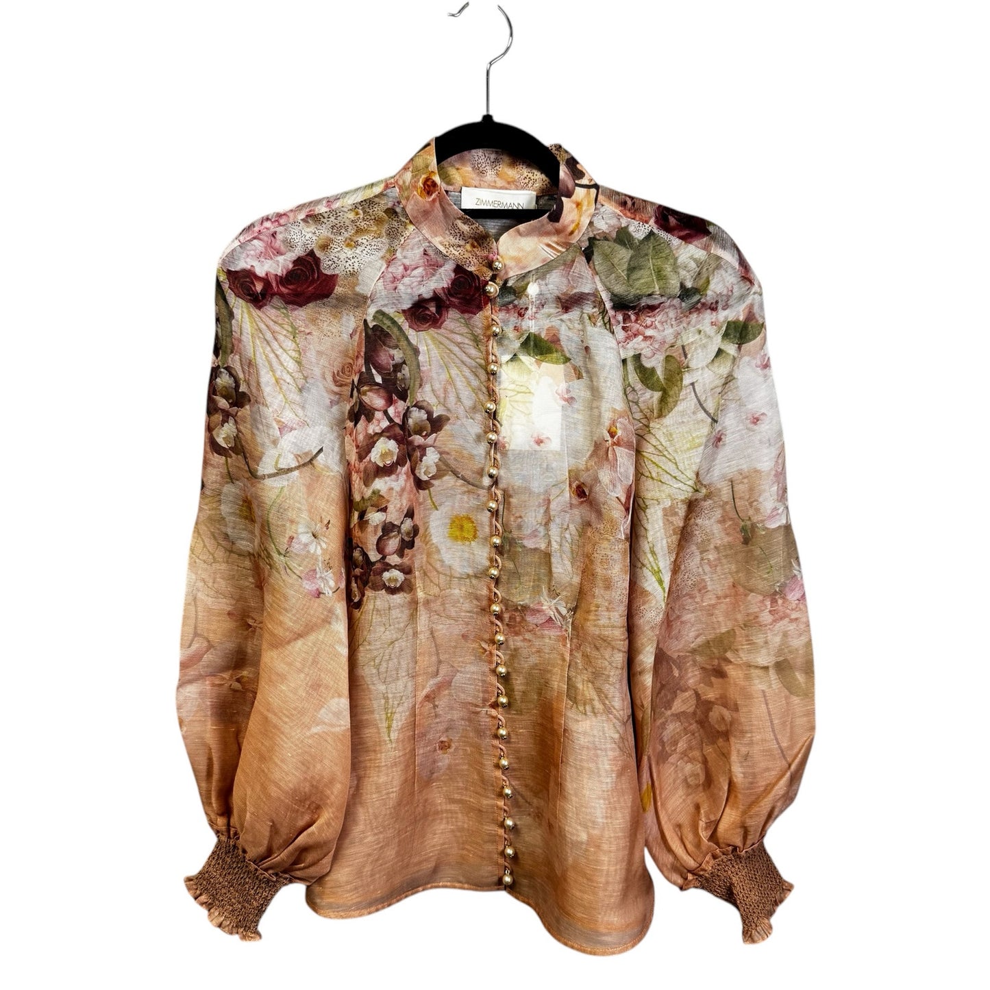 NWT Zimmermann Blush Dancer Floral Long Sleeve Silk Linen Blouse Womens 1 / US 6